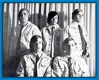 The Druids in an early black-and-white band photograph; Michael Seward stands at the top right